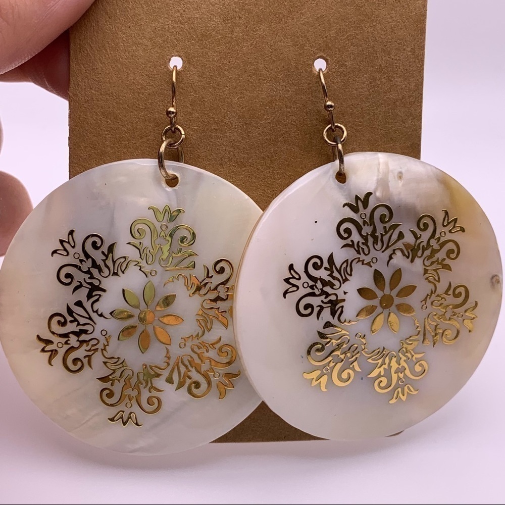 Genuine White Shell Dangle Earrings Gold Floral Design